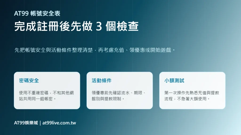 AT99娛樂城註冊後帳號安全檢查表，包含密碼安全、活動條件、小額測試