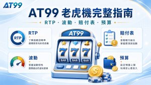 AT99 老虎機完整指南精選圖,說明 RTP、波動、賠付表與預算。