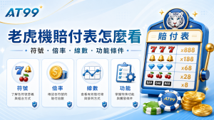 AT99 老虎機賠付表怎麼看精選圖,說明符號、倍率、線數與功能條件。