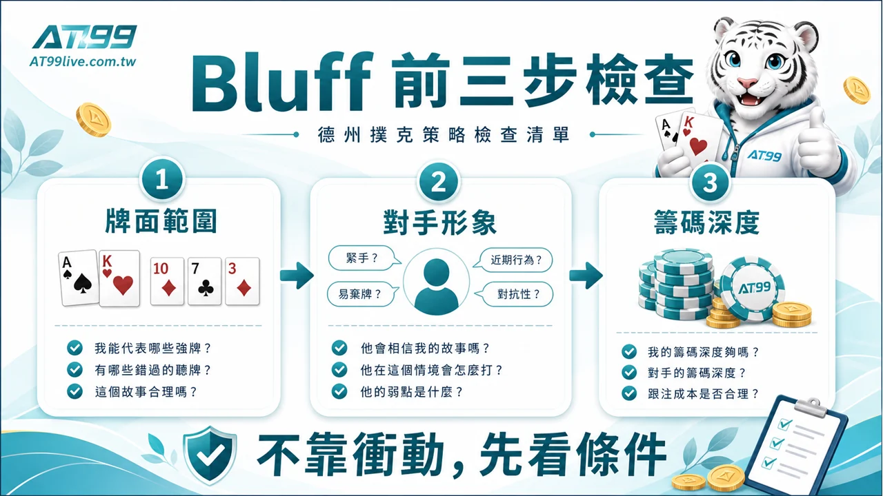 德州撲克 Bluff 前三步檢查:牌面範圍、對手形象與籌碼深度