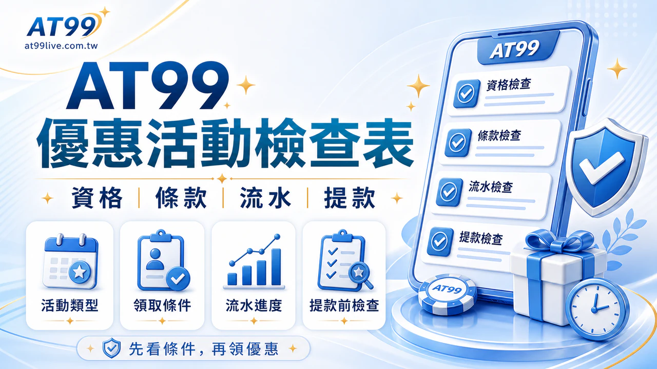 AT99優惠活動檢查表,提醒先確認資格、條款、流水進度與提款前檢查