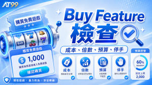 AT99 老虎機 Buy Feature 檢查圖,說明購買免費遊戲前要看成本、倍數、預算與停手條件