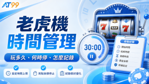 AT99 老虎機時間管理圖,說明遊戲時間、停手時機、紀錄與停損設定